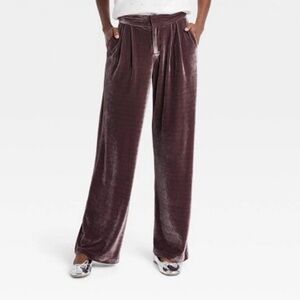 A New Day 2 Brown Velvet High-Rise Pull On Wide Leg Pants Zip Fly Elastic Back